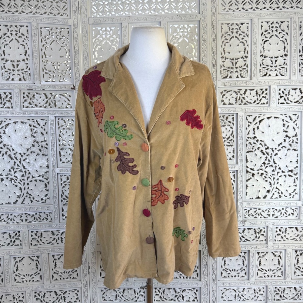 Vtg Brown Corduroy Granny Fall Theme Blazer Shirt Womens Large Leaves Cottage